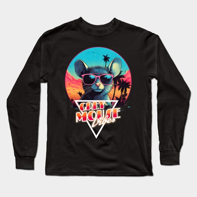 Retro Wave Chillout Grey Mouse Vibes Long Sleeve T-Shirt by Miami Neon Designs